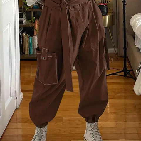 Mens Elastic Waist Belted Casual Loose Solid Cargo Trousers Street Long Pants, Casual Fashionable Pocket, Menswear, Casual Street Style