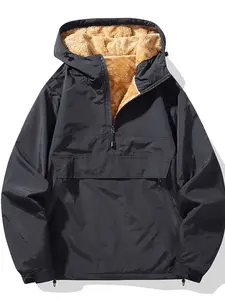 Men's Hooded Drawstring Pullover Jacket, Fleece Lined Warm Casual Wear for Fall Winter, Vintage Half Zip Fashion Versatile Simple Design