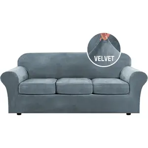 Velvet Plush 4 Piece High Stretch Sofa Slipcover Sofa Cover Furniture Protector Form Fit Luxury Thick Velvet Sofa Cover for 3 Cushion Couch Width Up to 90 Inch (Sofa,Stone Blue)