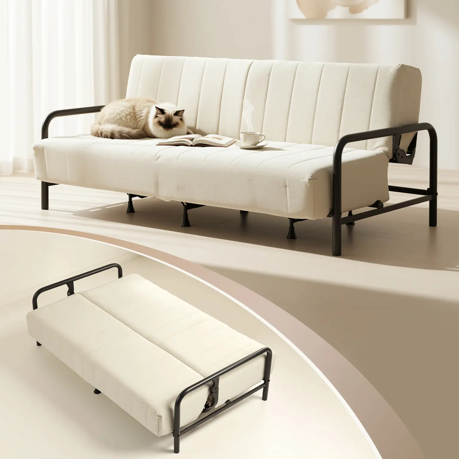 Homy Casa Clicko Convertible Sofa Bed, Beige Fabric Futon with Metal Frame, Adjustable Backrest, Modular Design, 3-Seater Sleeper for Living Room, Guest Room, Apartment