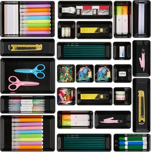 25 PCS Office Desk Drawer Organizers Set 4 Size Versatile Plastic Trays for Desk Accessories Storage Bins in Black Ideal for Bathroom Makeup Vanity