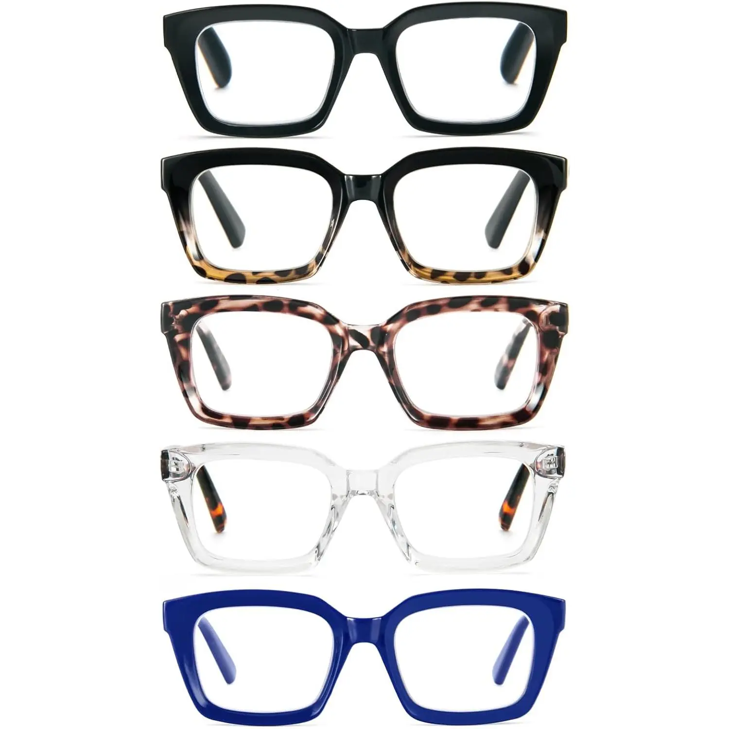 Women's 5-Pack Square Reading Glasses, Oversized Oprah-Style Plastic Frames, Durable Blue Light Blocking Eyewear +1.75 Magnification, Square Frame Eyeglasses