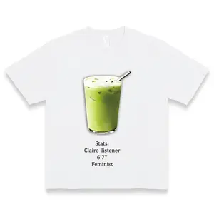 100% Cotton Pure Cotton Comfort Tee: Iced Matcha Drink Print with 'Stats: Clairo Listener, 6’7″, Feminist’ Slogan – Soft, Breathable & Stylish Casual Wear for Trend - Loving Individuals