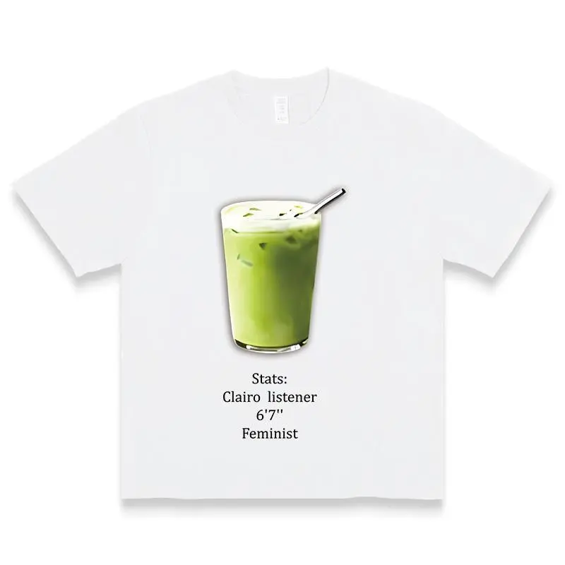 Women's  Cotton Comfort Tshirt - Iced Matcha Drink Print, 'Stats: Clairo Listener, 6'7", Feminist' Slogan, Soft Breathable Stylish Casual Wear for Trend-Loving Individuals