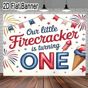 2D flat banner, 1pcFestive First Birthday Decoration Banner Red White Blue Patriotic Theme Our Little Firecracker is Turning ONE Banner with Stars Bunting and Fireworks for Birthday Party Celebration Supplies