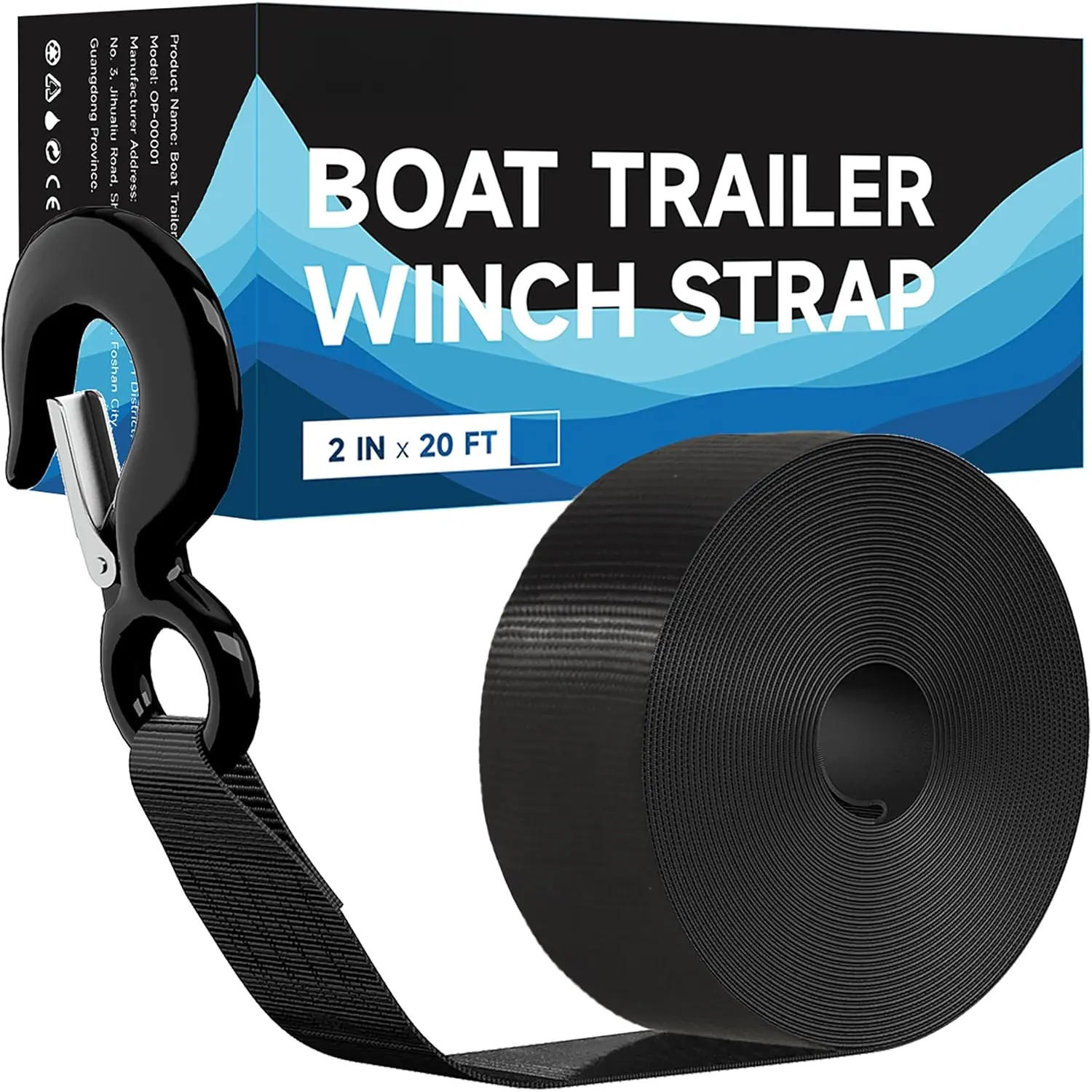 Synthetic Boat Trailer Winch Strap+Hook - Rust-Proof, 2" x 20', 10816lbs Breaking Strength, Heavy-Duty Hook, Hand Crank - for Boats, Jet Skis, Snowmobiles, Salt Water Towing