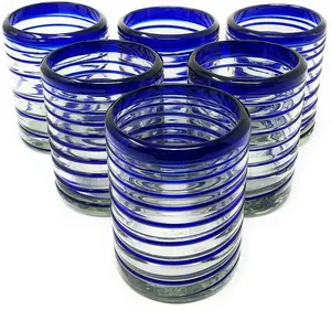 Blue Spiral Design Tumbler Glasses - Set of 6 (10 oz each)