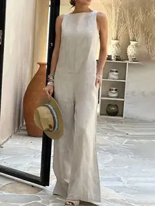 Women's Slim Fit Sleeveless Round Neck High Waist Wide Leg Woven Jumpsuit, Casual Straight Leg Bodysuit for Commuting & Versatile Wear