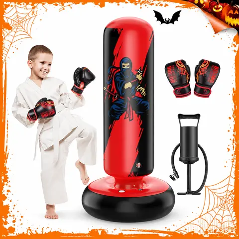 QPAU Kids Punching Bag with Stand - 66-Inch 0.5mm Thick Durable PVC Inflatable Boxing Set with Gloves, Easy Setup Boxing Training Gear for 5-12 Boys/Girls, Instant Rebound Sports Toy, Cool Christmas Gifts for Kids
