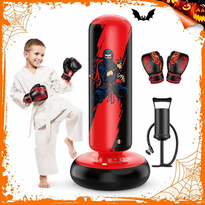 QPAU Kids Punching Bag with Stand - 66-Inch 0.5mm Thick Durable PVC Inflatable Boxing Set with Gloves, Easy Setup Boxing Training Gear for 5-12 Boys/Girls, Instant Rebound Sports Toy, Cool Christmas Gifts for Kids