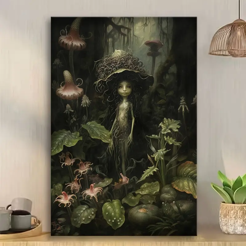 A Wooden Frame Canvas Wall Art, Forest Green Fairy Fantasy Mushroom Painting, Country Style Fairy Style Wall Art Plant Aesthetic Goblin Style Wall Decoration Canvas Poster Wall Art Print Decoration Gift, Ready to Hang, Halloween and Christmas Decoration,