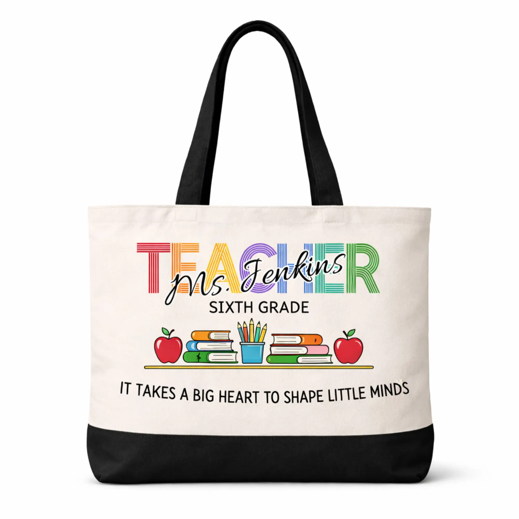 Personalized Teacher Tote Bag • Customize with Name • Teacher Appreciation Gift • End of Year Appreciation Gift • Canvas Tote with Black Bottom