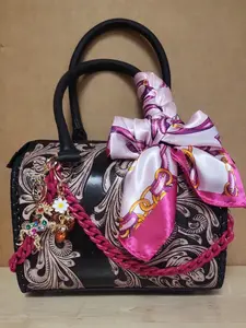 Midnight Carve Speedy Bag – Black Tooled Leather 11x6 Genuine Leather Floral Carved Structured Barrel Shape Durable Handles
