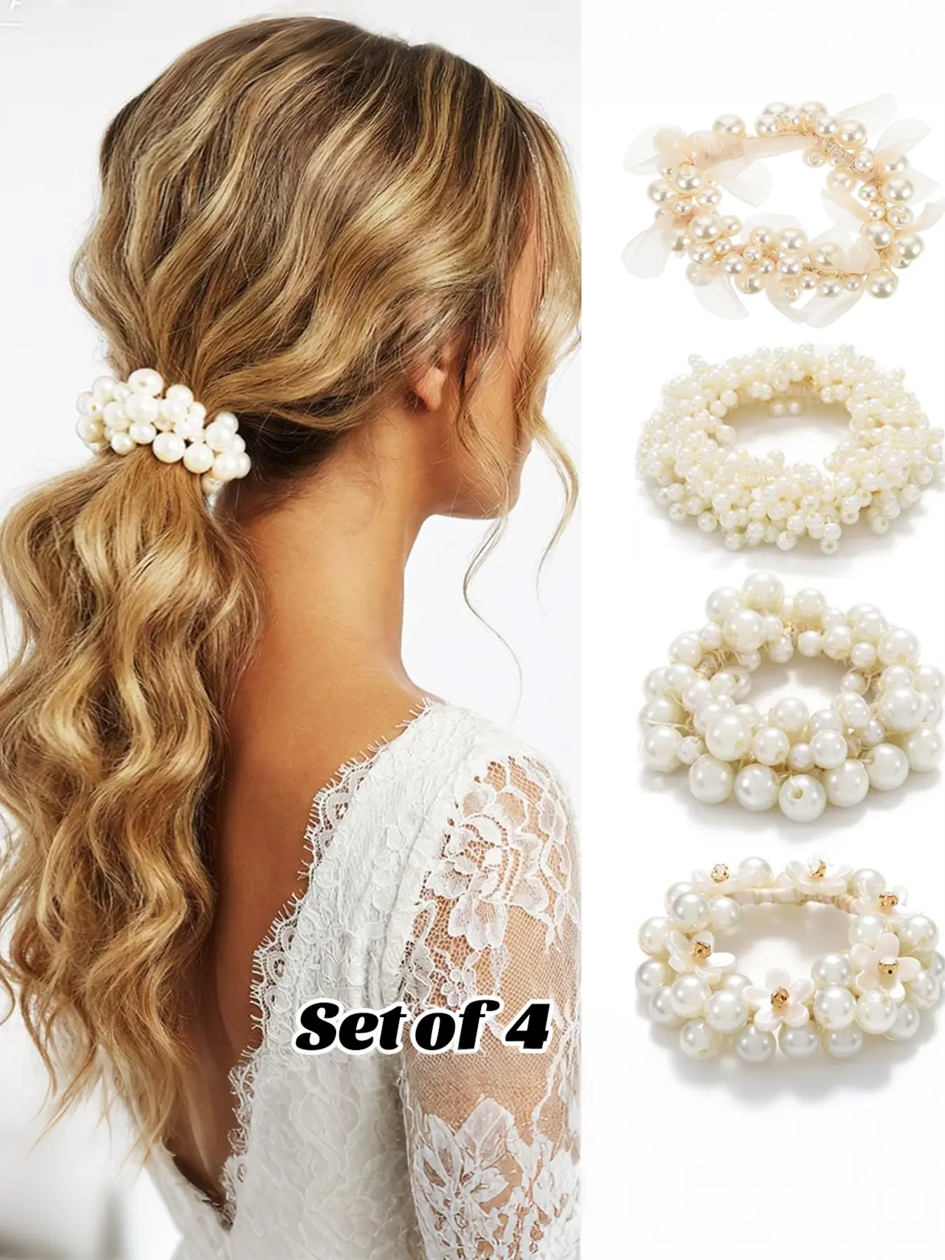 4Pcs White Pearl Hair Ties for Women, Hair Accessories, Flower Pearl Hair Tie with Bead Rhinestone, Elastic Hairbands Ponytail Holders Cute Fabric Pearls Hairtie, stretchy and sturdy, for daily use, dating, party, dance or wedding ceremony