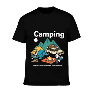 Camping Tent Car Mountains Nature 100% cotton T-shirt suitable for daily wear, round neck T-shirt suitable for parties and festivals