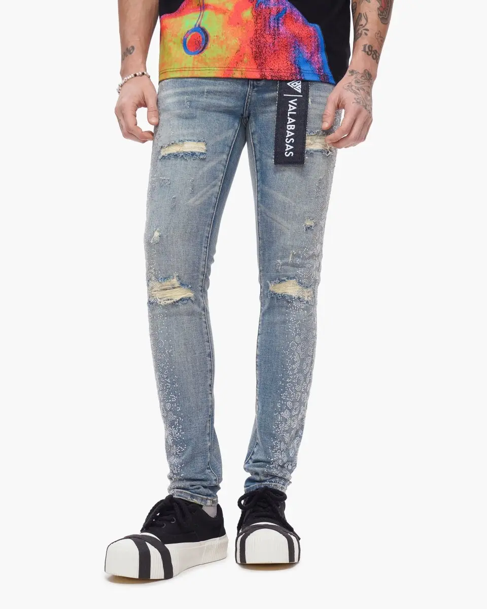 Men's Skinny Jeans in Distressed Stretch Denim, Blue Wash with Rhinestone Accents and Spandex - Menswear