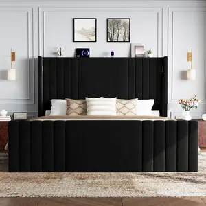 Belffin King Size Bed Frame with 55.1" Tall Headboard, Velvet Upholstered Platform Bed with Channel Tufted Wingback, 2 Reading Lights/Storage Shelf/Charging Station/Easy Assembly/Noise-Free, Black