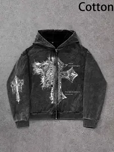 Men's Fall Vintage Cross Lightning Print Hooded Zipper Jacket, Gothic Street Style Casual Loose Fit Outerwear for Daily & Outdoor Wear