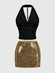 Women's slim-fitting halter top with a sexy sequin skirt set, suitable for parties, dates, casual outings, entertainment, shopping, leisure trips, and photo opportunities.
