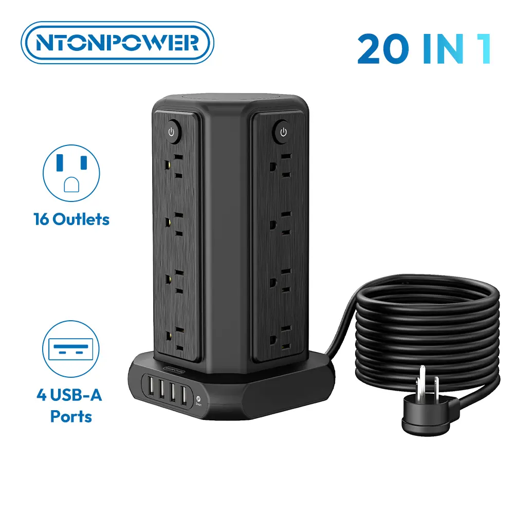 Surge Protector Power Strip Tower with USB Ports, 15 FT Extension Cord Tower with 16 Widely Spaced Outlets 4 USB Ports, 1080 Joules, Overload Protection, Flat Plug Power Strip for Home, Office, Black