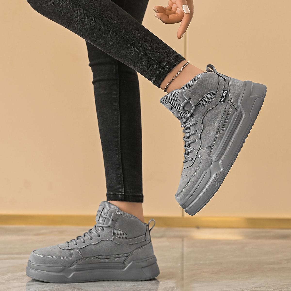 Women’s high-top sneakers, gray suede-texture platform shoes, casual platform shoes, fashionable workwear boots, height-boosting shoes, breathable and comfortable women’s shoes, street style, versatile everyday shoes Women’s high-top sneakers, gray suede-texture platform shoes, casual platform shoes, fashionable workwear boots, height-boosting shoes, breathable and comfortable women’s shoes, street style, versatile everyday shoes