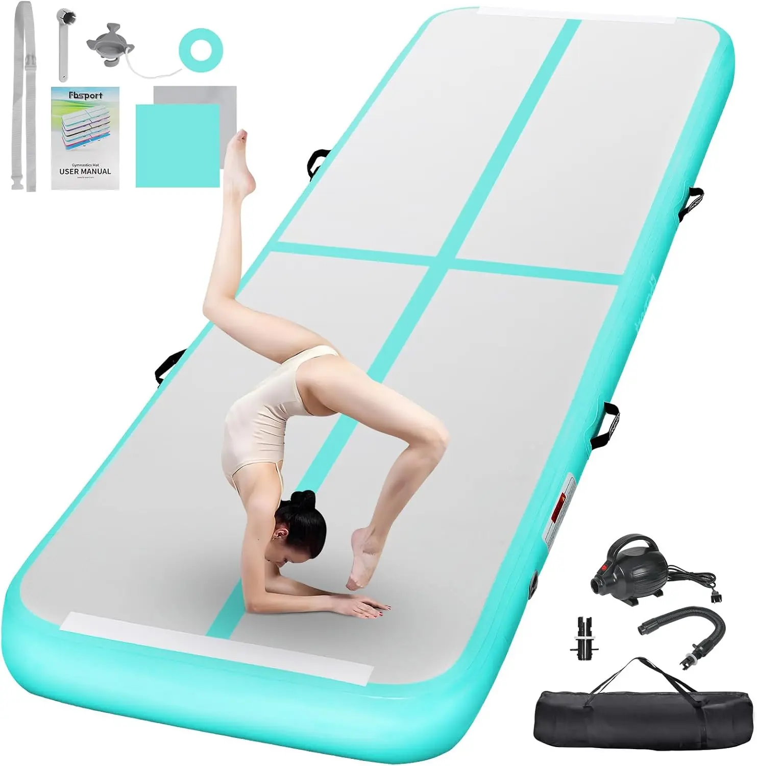 FBSPORT Inflatable Air Track Mat, 4 Inch Thick Gymnastics Tumbling Mat with Electric Pump, Training Pad for Home, Cheerleading, Yoga & Water Activities