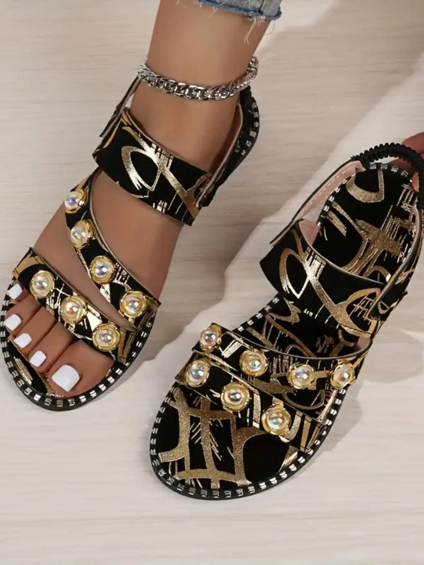 Women's Fashionable Rhinestone Embellished Sandals, Fancy Sandals, Casual Flat Comfortable Studded Decorated Sandals for Summer, Lightweight Breathable Shoes for Daily Wear, Girl