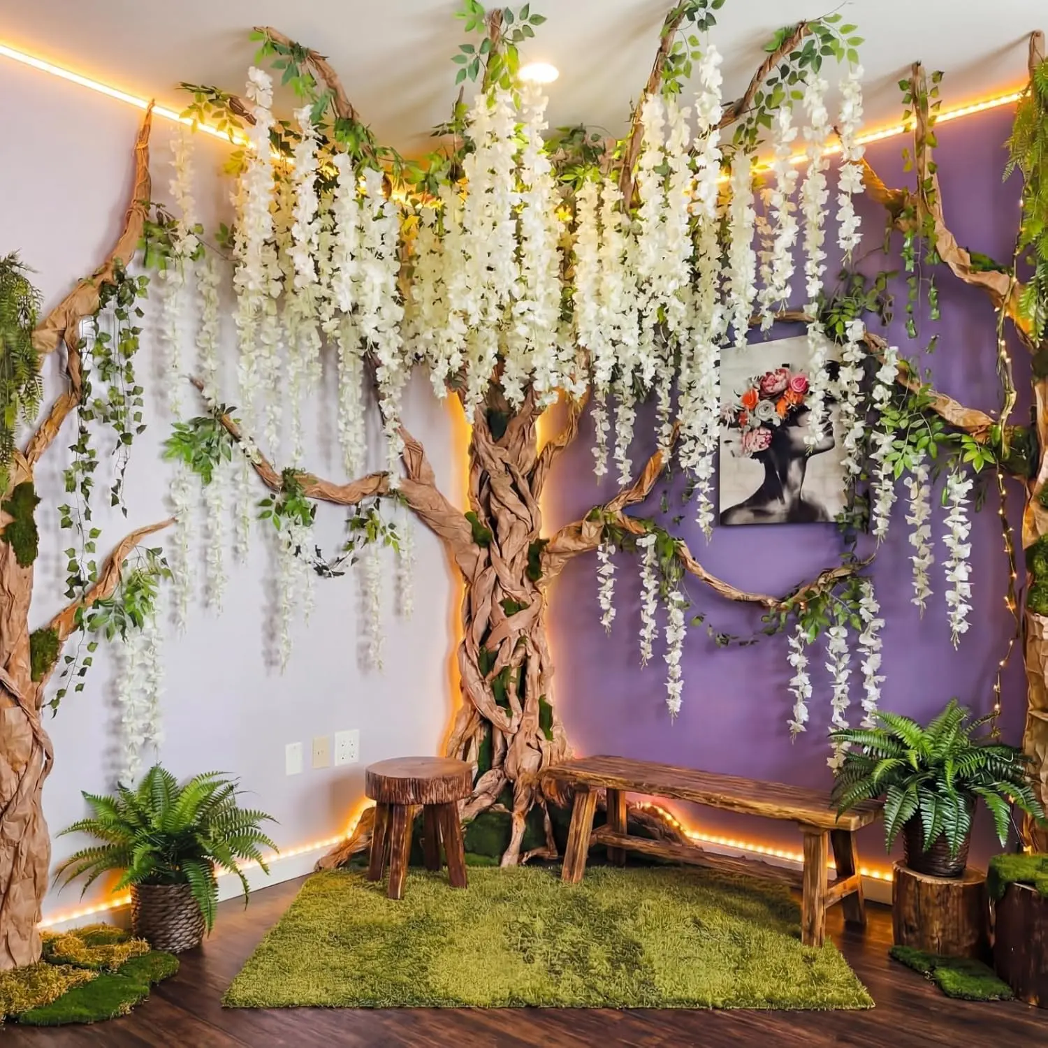 XunYee 3D Wisteria Tree Wall Decor for Room Classroom Ceiling Artificial Wisteria Hanging Flowers DIY Cardboard Paper Tree with Green Vine Kraft Paper Fairy Bulletin Board Decorations(W