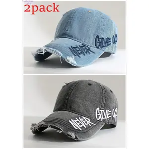 Two-pack of women's hats, stylish retro washed and distressed blue baseball caps, with vintage lettering embroidery on the sides, frayed brim, simple wide brim that shows off the face, windproof hiking hats, unisex and versatile style, adjustable size.