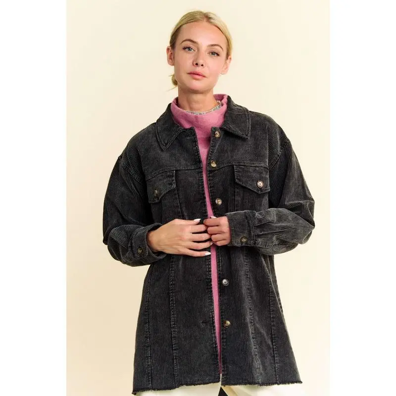 Davi & Dani Washed Corduroy Raw Hem Button Up Jacket
