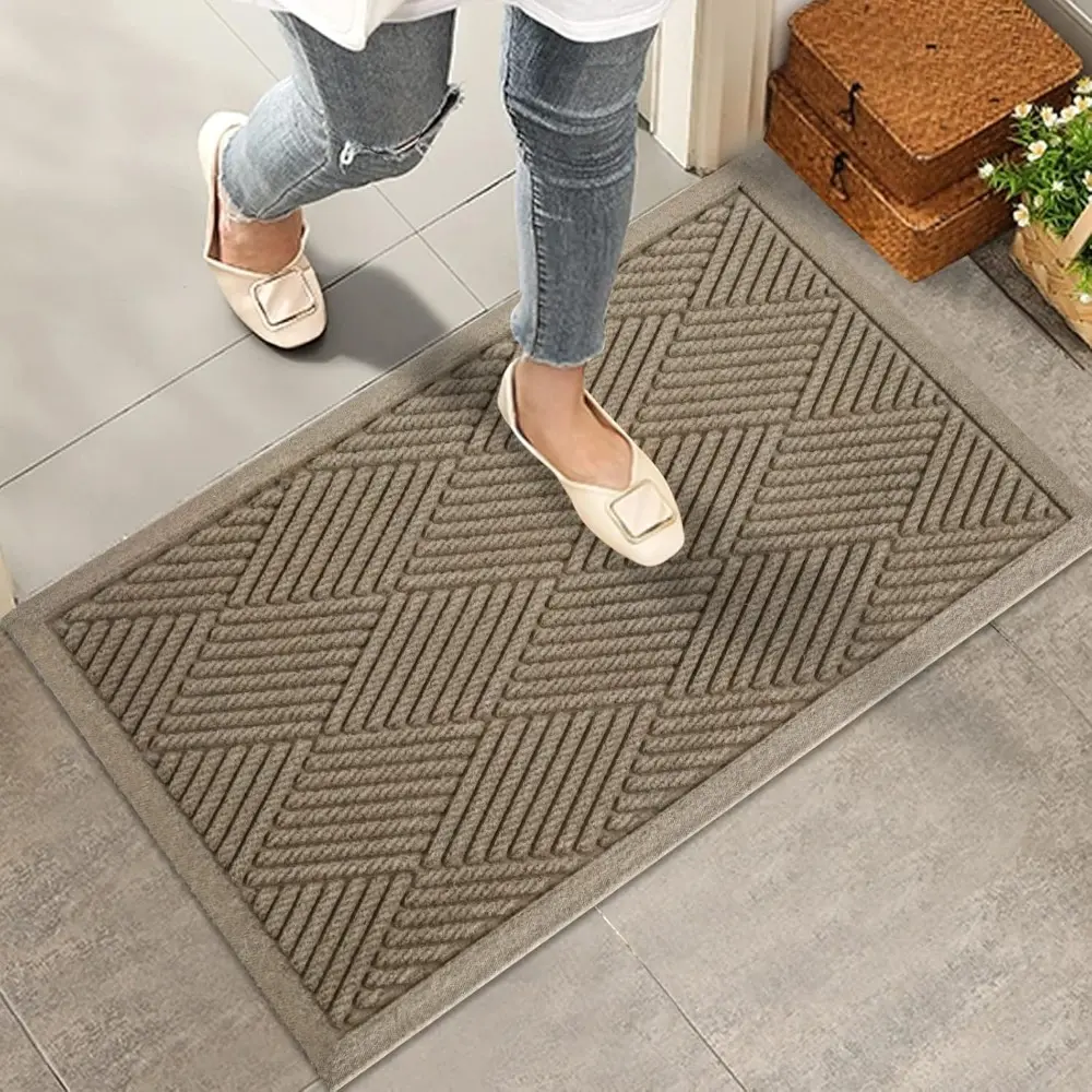Beige Durable Front Door Mat - 30×17in High-Density Polyester Fiber, Deep Groove Mud-Dirt Trap, Absorbent, Stain-Fade Resistant, Non-Slip Rubber Backing, Low Profile for Entryway Indoor-Outdoor Home Use