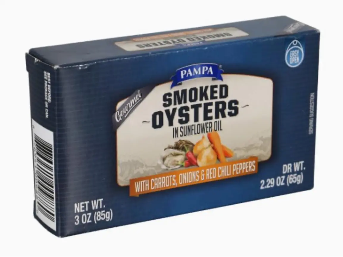 PAMPA Smoked Oysters in Sunflower Oil with Carrots, Onion and Red Chili Peppers, 3 oz (85g) - Instant Food