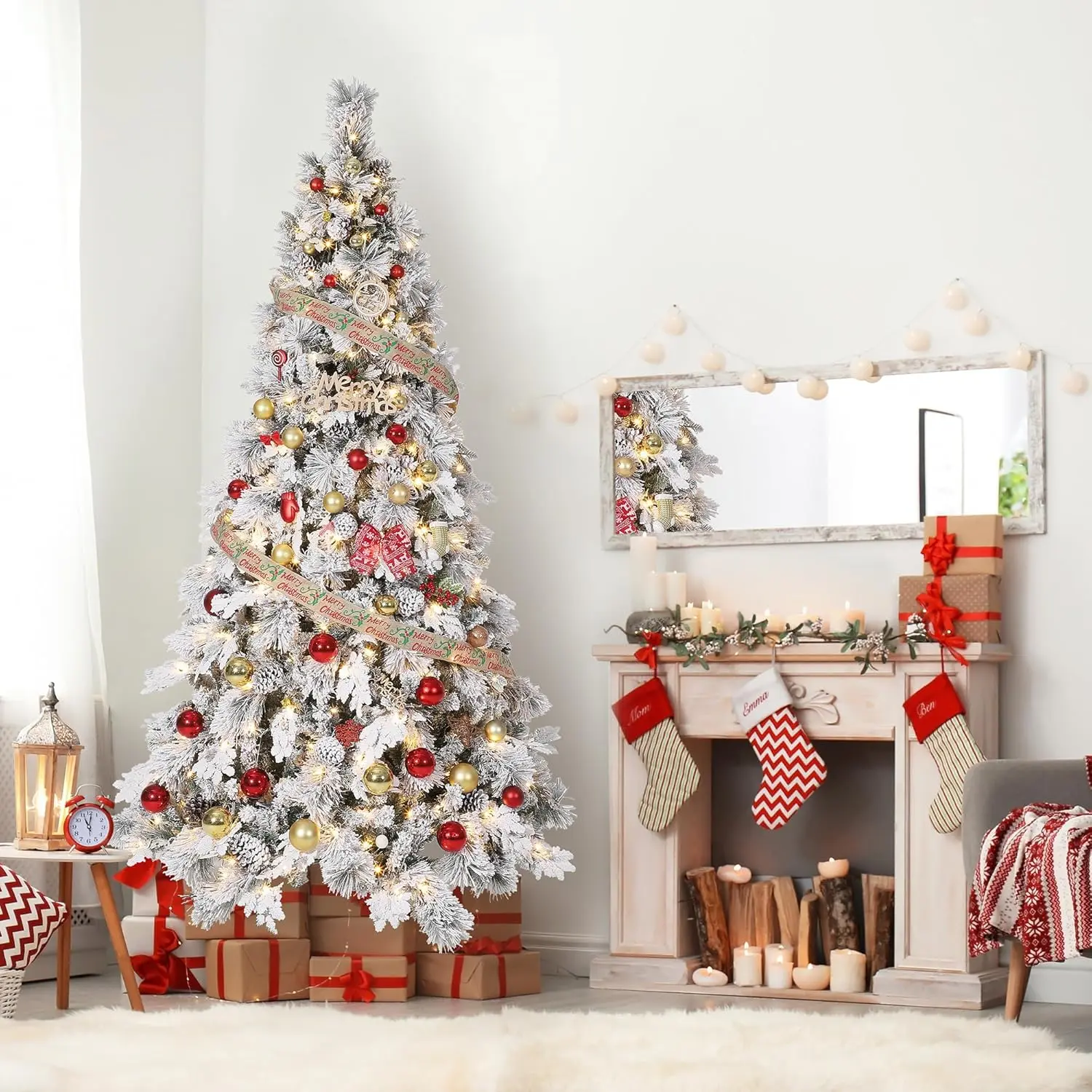 6 ft Prelit Snow Flocked Spruce Artificial Christmas Tree with Warm White LED Lights & Foldable Stand, Snow Flocked Full Prelighted Xmas Tree
