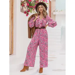 Printed Ruffled V-Neck Balloon Sleeve Jumpsuit
