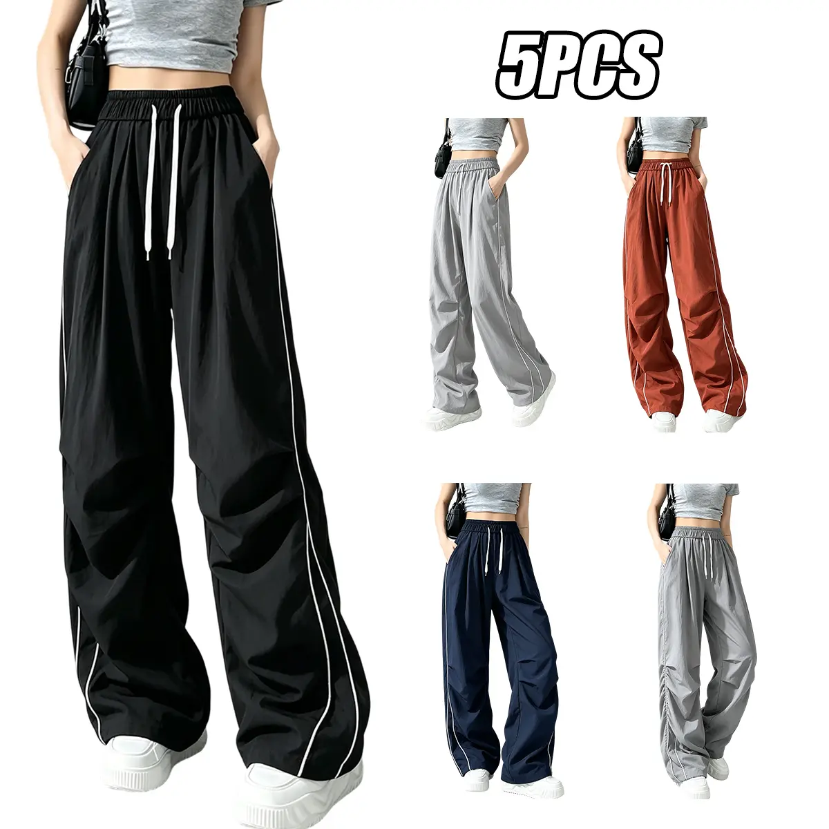 Women’s long pants: casual quick-dry, lightweight, loose high-waisted wide-leg gaucho pants with an adjustable elastic waistband and pockets; capri pants with similar features. Ideal for hiking, sports, everyday wear, and summer; all-weather knit fabric;