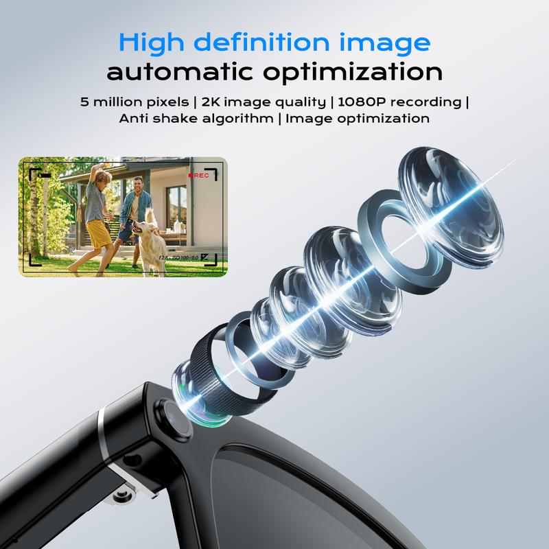 Smart Bluetooth Glasses with Camera, 1080p Video Recording Wearable Glasses, Multifunctional Wireless Audio Glasses with Headphone, Outdoor Sports Camera Sunglasses with Intelligent Voice Assistant, Anti-blue Light Protection Eyeglass