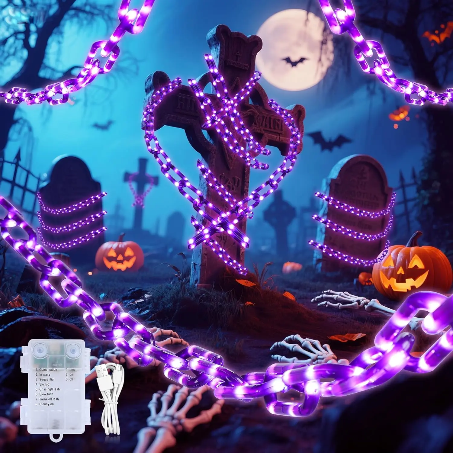 Battery Operated Halloween Lights, 10.5FT 175 LED Plastic Chains Lights, 8 Modes Waterproof Timer String Light for Skeleton Dog Creepy Costumes Accessories Spooky Outdoor Decorations