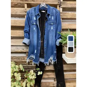Plus Size Casual Denim Top, Women's Washed Ripped Button Long Sleeve Lapel Frayed Denim Shackles