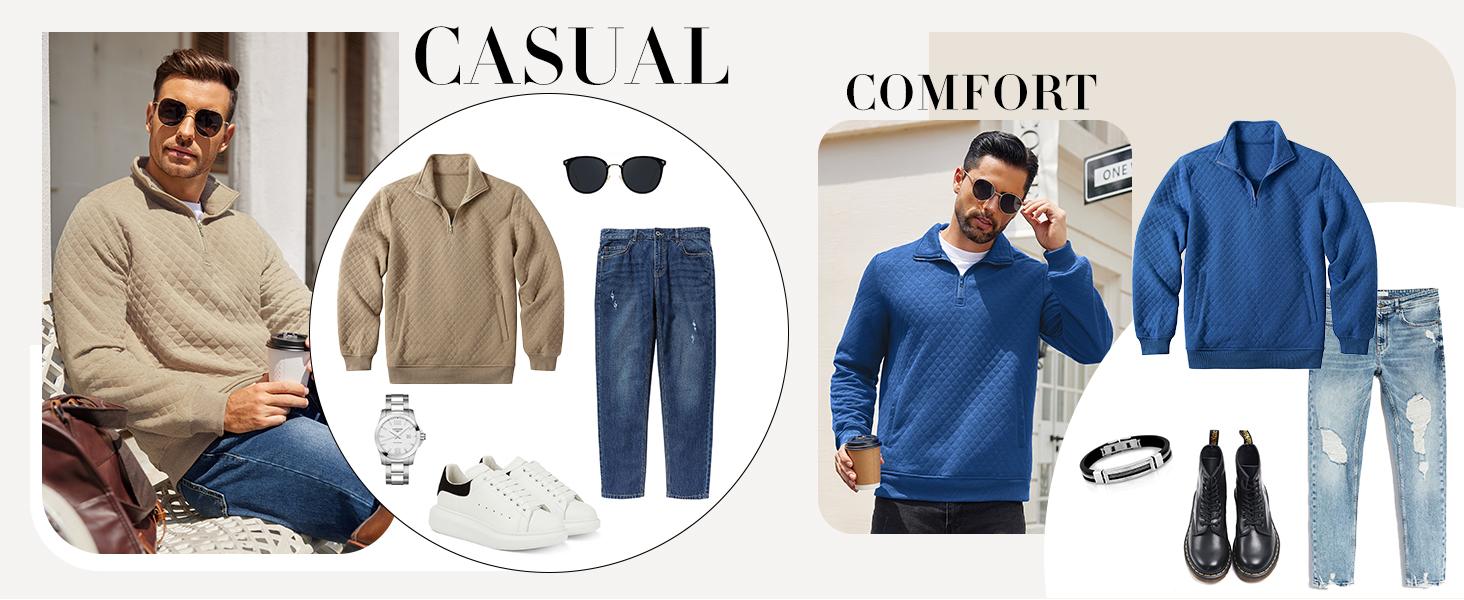 COOFANDY Mens Quarter Zip Pullover Quilted Sweatshirt Knit Long Sleeve Mock Neck Sweater Polo with Pocket