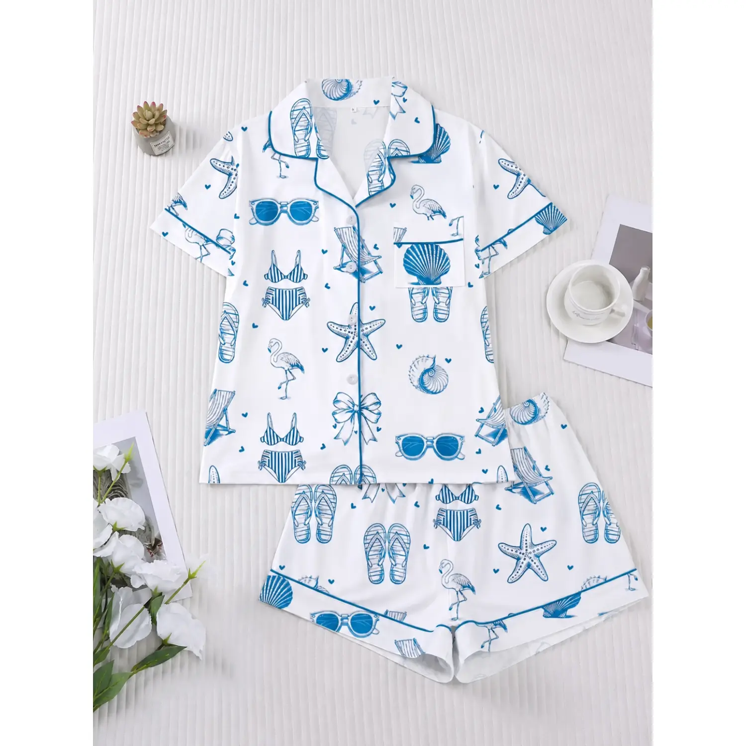 2-Piece Beach-Inspired Pajama Set with Bikini and Starfish Print, Short-Sleeve Collared Button-Down Top and Stretchy Loose-Fit Shorts, Perfect for Holidays, Parties, and Casual Outdoor Wear