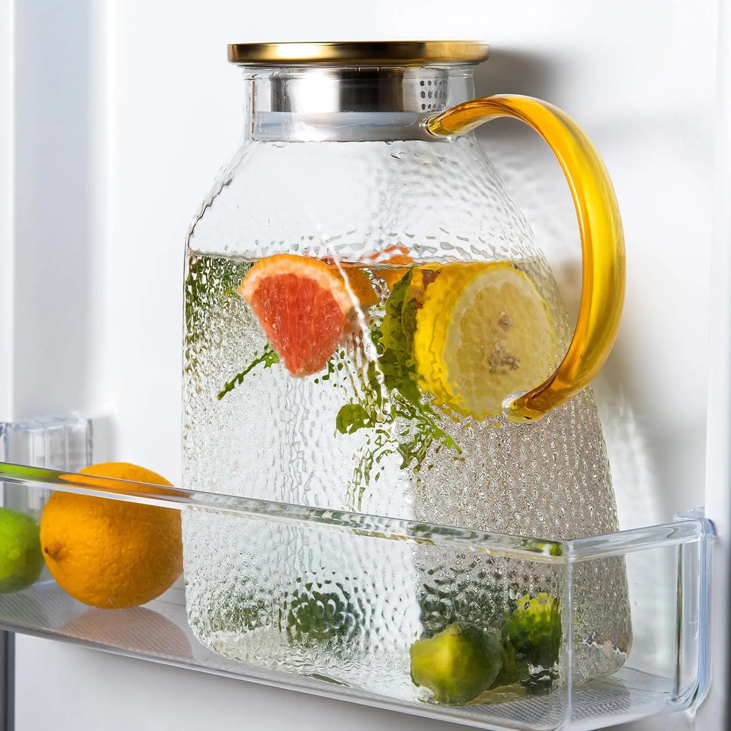 Glass Water Filter Pitcher, 1800ml/ 60oz Clear Fridge Jug with Stainless Steels Gold Lid, Milk Dispenser Bottle for Freezer Door, Textured Juice Pitcher for Tea, Coffee, Beverage