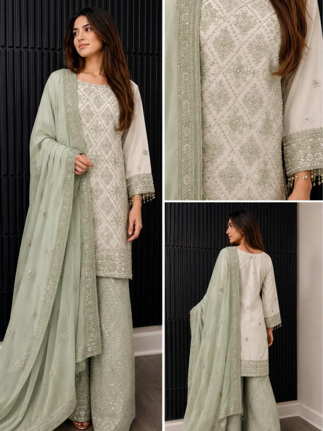 Luxury Embroidered 3-Piece Salwar Kameez Set – White & Aqua Blue