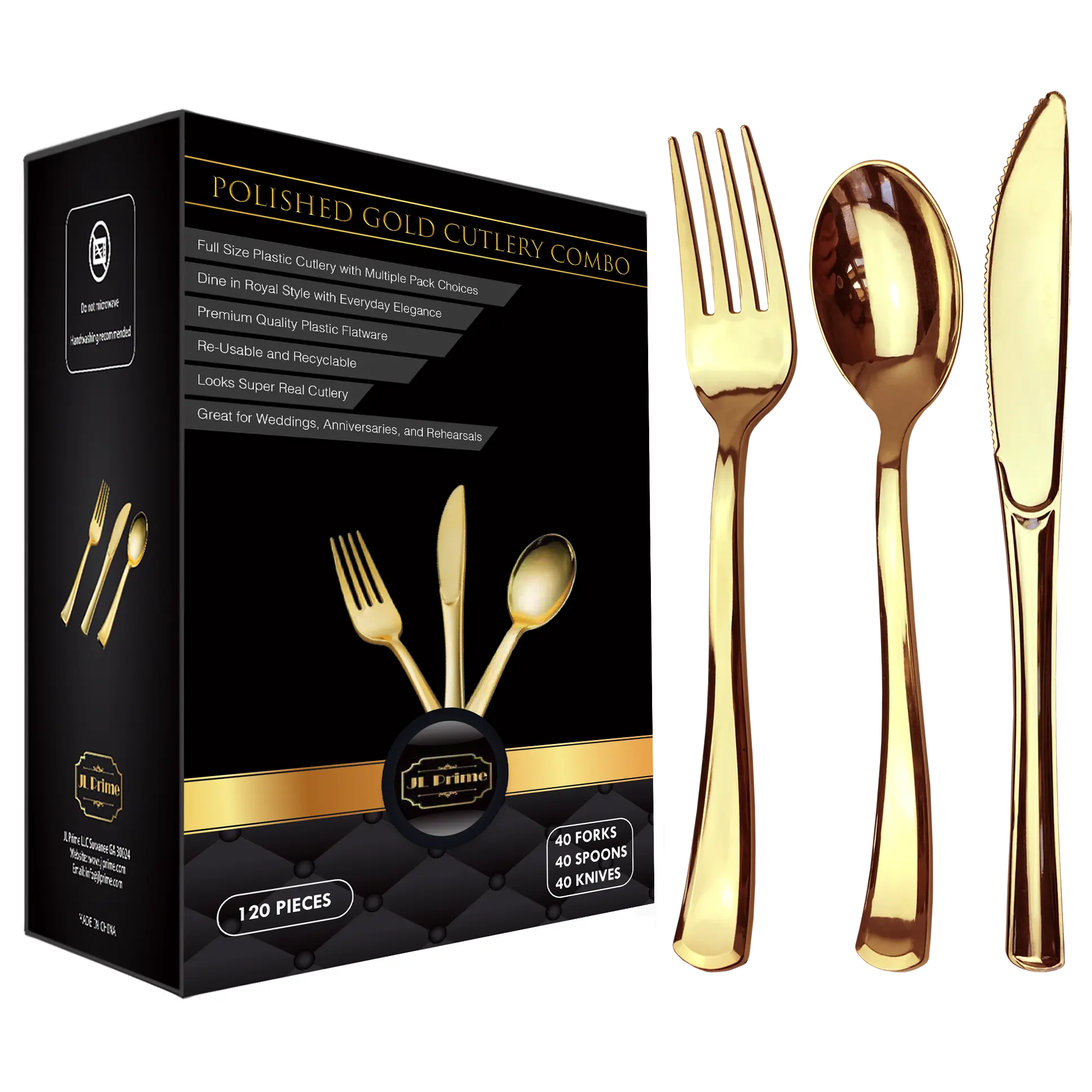 JL Prime 120 Gold Plastic Silverware Set, Gold Plastic Cutlery Set, Heavy Duty Utensils for Party and Wedding, Disposable Gold Flatware, 40 Plastic Forks, 40 Plastic Spoons, 40 Plastic Knives Reusable Stylish
