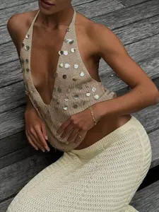 Women's Hollow Out Halter Sleeveless Knit Top, Shell Decoration, Simple and Versatile, Soft High Elastic Fabric, Beach Vacation Casual Outerwear, Chic