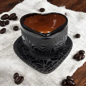 Dolores Hidalgo Beautiful Handmade and Hand Painted Black Talavera Heart Mug with Heart Plate from Mexico