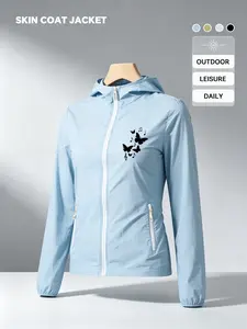 Music Butterfly And Note Print Women Summer Hooded Zip Up Skin Coat Jacket Four Colors Optional Soft Skin Friendly Comfortable Loose Breathable Lightweight Fashion Casual Outdoor Camping Hiking Cycling Commuting Daily Travel Vacation Must Have New Arrival