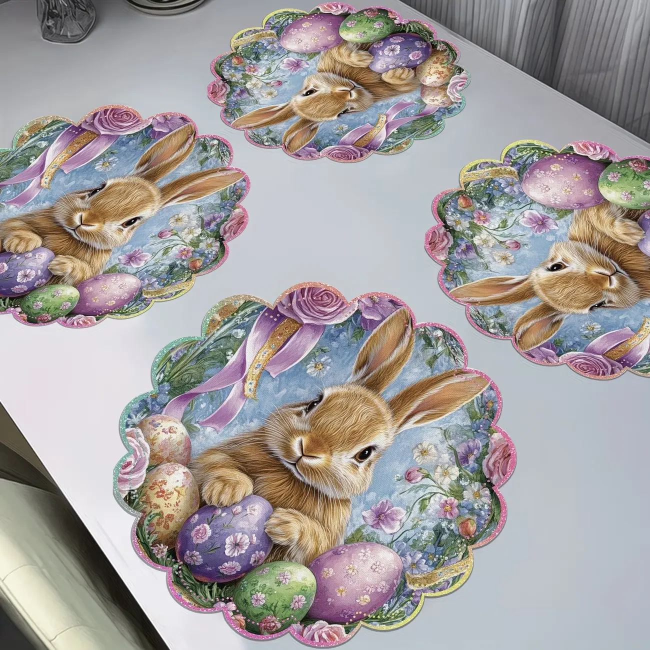 Easter Linen Placemat Set, Round Wavy Design with Bunny & Eggs Motif, Durable Fabric Material, Perfect for Easter Celebrations, Kitchen Decorative Placemat