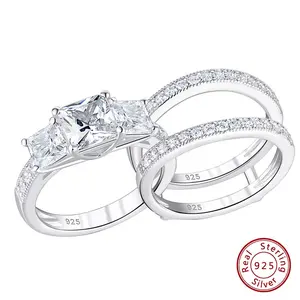 Three-Stone Princess Cut AAAAA CZ 925 Sterling Silver Engagement Rings Set for Women Adjustable Wedding Ring Enhancer#Love Story#Love Story #Love Story