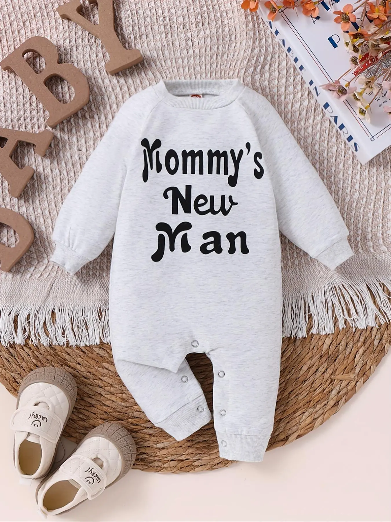 Newborn Baby's Letter Print Long Sleeve Jumpsuit without Shoes, Casual Round Neck Jumpsuit for Infant, Newborn Baby Clothes for Daily Wear, Baby Boy Clothes, Baby Clothing