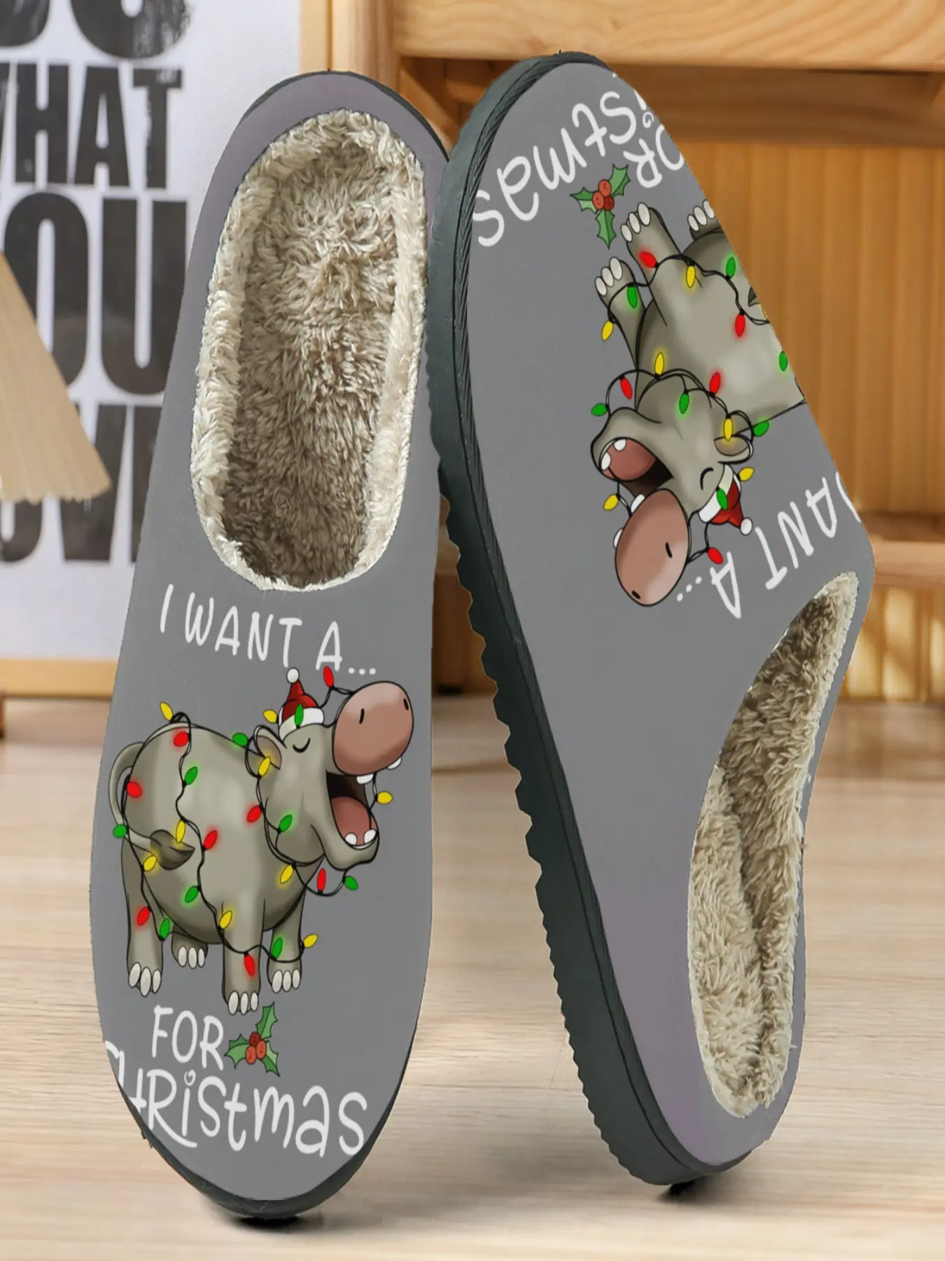 Christmas Funny Hippo Cotton Slippers, Festive Light-Up Design with 'christmas Wishes' Slogan, Cozy Warm Footwear for Home